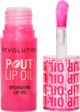 Revolution Pout Lip Oil Watermelon Pink, z wyjętym aplikatorem. Widok z przodu, zapewnia lustrzany blask.