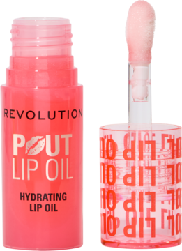 Różowy Revolution Pout Lip Oil: otwarta butelka z aplikatorem i nawilżającym olejkiem na jasnym tle.