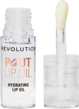 Revolution Pout Lip Oil Lychee Clear, przezroczysta butelka z wyjętym aplikatorem z kremowym olejkiem.