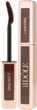 Lancôme Lash Idôle, brązowy tusz do rzęs, pionowo. Widoczna wygięta szczoteczka i logo marki.