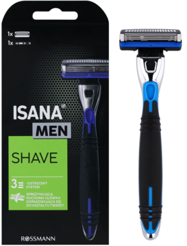 Maszynka do golenia Isana Men Shave, czarno-niebieska, 3 ostrza, widok na opakowanie Rossmann i produkt z boku.