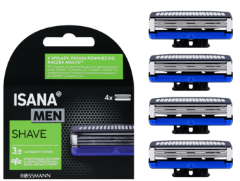 Isana Men Shave, 4 wymienne ostrza do maszynki, widok opakowania z zielonymi akcentami i niebieskimi głowicami. Kompatybilne z Mach3.