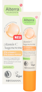 Alterra Vitamin C Eye Cream: biała tubka z pomarańczową nakrętką i pudełko z 2% wit. C i peptydami, widok ukośny.