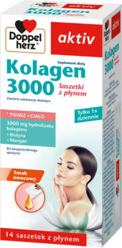 Doppelherz Kolagen 3000, białe opakowanie z wizerunkiem kobiety i owocową kroplą, 14 saszetek z płynem.