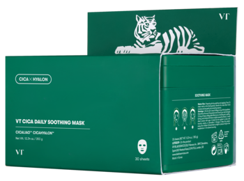 Zielone pudełko masek VT Cica Daily Soothing Mask z białym tygrysem na wieczku, widok pod kątem.