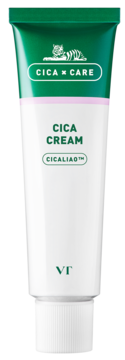 Krem do twarzy VT Cosmetics Cica, zielono-biała tubka z logo tygrysa i napisem CICA CREAM, frontalnie.