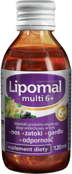 Lipomal multi 6+ suplement diety 120ml, brązowy płyn w butelce, fioletowa etykieta, wspiera drogi oddechowe, widok z przodu.