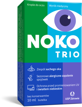 Zielono-fioletowe opakowanie kropli NOKO TRIO bez konserwantów, widok z przodu, na suche oko i alergie.