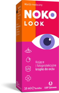 Kojące i fotoprotekcyjne krople do oczu Noko Look w różowo-pomarańczowym opakowaniu. Widok z przodu, lekko z boku.