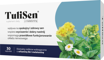 Opakowanie TuliSen z melatoniną, suplementu diety na spokojny sen. Biało-niebieskie pudełko z grafiką roślin, widok z przodu.