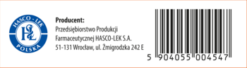 Tył opakowania Ulgix Trawienie Plus, logo Hasco-Lek Polska, dane producenta i kod kreskowy EAN 5904055004547.