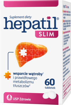 Hepatil Slim, suplement diety na wątrobę i metabolizm tłuszczów, białe pudełko z pomarańczową grafiką wątroby.