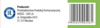 Tył opakowania Valused Control: logo HASCO-LEK S.A., dane producenta, adres we Wrocławiu i kod kreskowy 5904053003261.