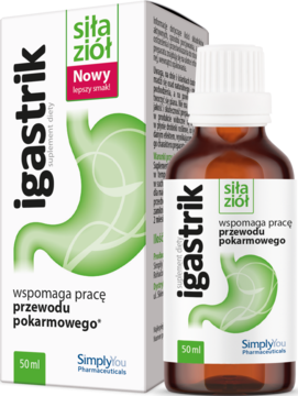 Igastrik, ziołowy suplement na trawienie w brązowej butelce 50ml i białym pudełku, widok pod kątem z przodu.