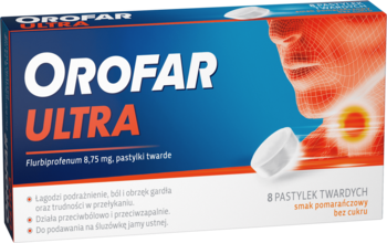 Orofar ULTRA, niebiesko-białe opakowanie 8 pomarańczowych pastylek z flurbiprofenem na ból gardła, frontalnie.