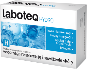 Opakowanie Laboteq HYDRO, białe z niebieskimi akcentami, widok z przodu. Suplement na nawilżenie skóry.