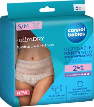 Canpol babies majtki poporodowe Ultra Dry 2w1, S/M, 5 sztuk. Niebieskie opakowanie z kobietą, widok z przodu.