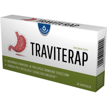 Traviterap suplement diety w biało-zielonym pudełku z ikoną żołądka, wspiera trawienie, widok pod kątem.