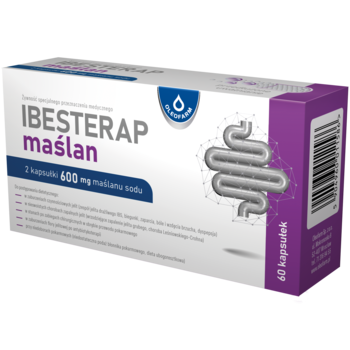 Biało-fioletowe opakowanie IBESTERAP maślan, 60 kapsułek, 600 mg maślanu sodu, z grafiką jelit, widok ukośny.