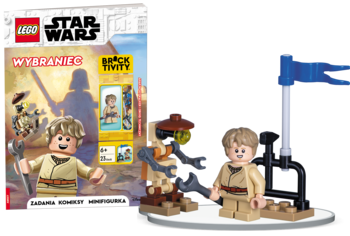 LEGO Star Wars: książka z młodym Anakinem, jego minifigurka, droid techniczny i stacja naprawcza. Widok z przodu.