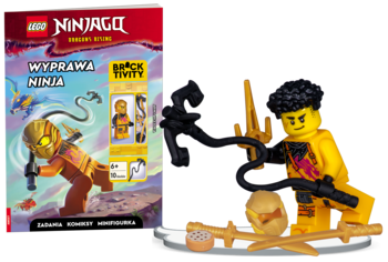 LEGO Ninjago książka 'Wyprawa Ninja' i obok złota minifigurka Arina z czarnym biczem i akcesoriami.
