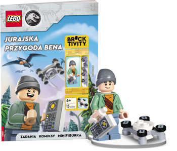 Książka LEGO Jurassic World Jurajska Przygoda Bena z minifigurką Bena i białym dronem, widok z przodu.