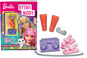 Zestaw Barbie Rytmy Mody z książką, fioletowym boomboxem, pomarańczowymi getrami, różowymi sandałami i naklejkami. Muzyczna moda.