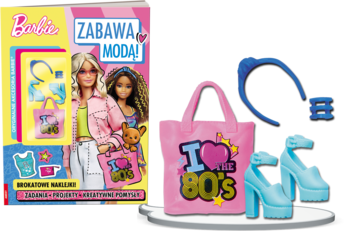 Zestaw Barbie: magazyn 'Zabawa Modą!' z lalkami, różową torebką 'I love 80s', niebieskimi butami na koturnie, opaską.