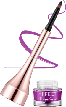 Żelowy eyeliner Affect Simple Lines w fioletowym kolorze, w słoiczku obok różowo-złotego pędzelka.