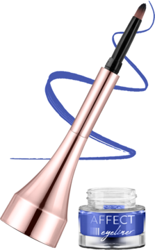 Niebieski żelowy eyeliner Affect Simple Lines w słoiczku, z pędzelkiem ukrytym w miedzianej zakrętce.
