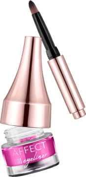 Różowy żelowy eyeliner Affect w otwartym słoiczku, z wysuniętym pędzelkiem w błyszczącej różowo-złotej zakrętce.