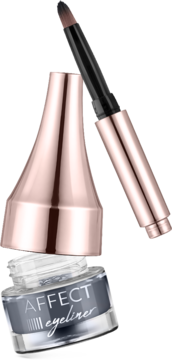 Szary żelowy eyeliner Affect Simple Lines w słoiczku, obok różowozłota zakrętka z wysuwanym pędzelkiem.