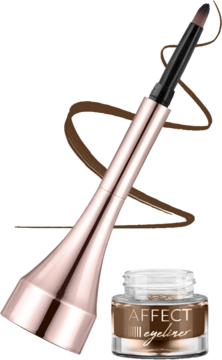 Brązowy żelowy eyeliner Affect Simple Lines w szklanym słoiczku, z oddzielnym pędzelkiem o miedzianej rączce.