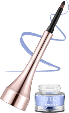 Niebieski żelowy eyeliner Affect Simple Lines w słoiczku, obok precyzyjny rosgoldowy pędzelek, widok z przodu.