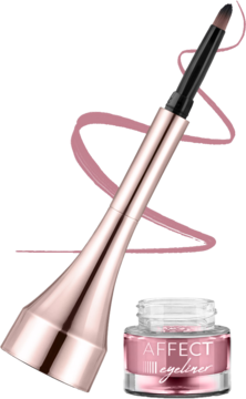 Różowy żelowy eyeliner Affect Simple Lines w słoiczku z aplikatorem. Różowo-złoty pędzelek nad otwartym słoiczkiem.