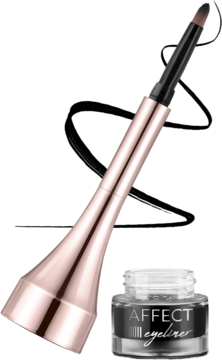 Czarny żelowy eyeliner Affect Simple Lines z pędzelkiem w oprawie rose-gold obok szklanego słoiczka.
