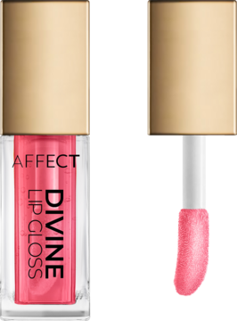 Affect Divine Lip Gloss Sweetheart. Dwa ujęcia: zamknięta butelka oraz otwarta z różowym aplikatorem i błyszczykiem.