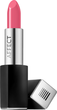Pomadka satynowa Affect Felicity w intensywnym różu, otwarta, czarna z srebrnym logo, z odkręconą nasadką.