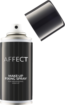 Affect Make-Up Fixing Spray, czarna puszka z pionowymi liniami, z otwartą nakrętką, widok z przodu.