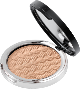 Affect Shine On Viva Glow rozświetlacz prasowany. Otwarty srebrny kompakt, beżowy puder z plecionką.