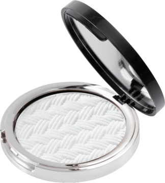 Otwarty kompakt Affect Shine On Rozświetlacz prasowany Diamond Water, biały puder z plecioną teksturą.