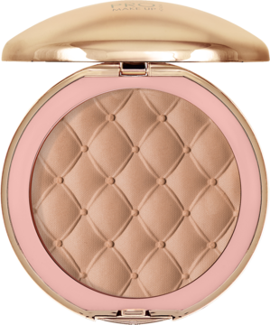 Bronzer prasowany Glamour Havana w otwartym, różowo-złotym opakowaniu. Puder z pikowanym wzorem, satynowe wykończenie.