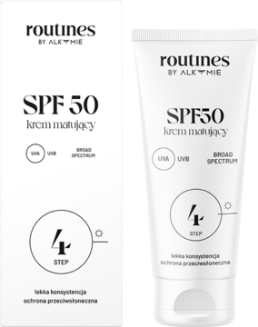 Biała tubka kremu matującego routines SPF 50 i opakowanie, widok z przodu. Zawiera bakuchiol i witaminę E.