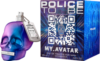 Police To Be My Avatar woda toaletowa w niebiesko-fioletowej butelce-czaszce, z pudełkiem i kodem QR.