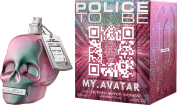 Police To Be My Avatar damska woda, flakon czaszka holograficzna różowo-zielona, obok karta z QR kodem i czerwone pudełko.