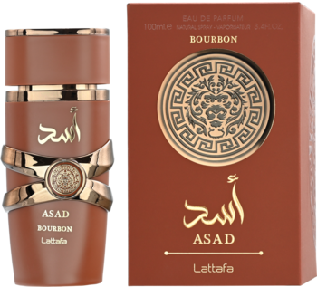 Męska woda perfumowana Lattafa Asad Bourbon: brązowy flakon ze złotymi zdobieniami, obok pudełko.