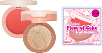 J. Cat Beauty Piece of Cake: otwarty różowo-brzoskwiniowy róż i złoty rozświetlacz z kotem, obok karta produktu.
