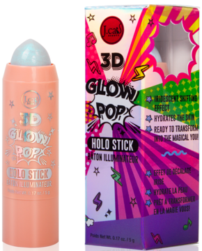 J.Cat Beauty 3D Glow Pop Holo Stick Hypnotize Ray: brzoskwiniowy sztyft z opalizującym topem i kolorowe pudełko.