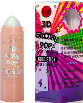 J.Cat 3D Glow Pop Holo Stick Lush Glare, perłowy sztyft rozświetlający i barwne pudełko, widok przód.