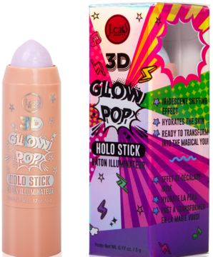 Holograficzny rozświetlacz J.Cat 3D Glow Pop Holo Stick, brzoskwiniowy sztyft i kolorowe pudełko, z przodu.